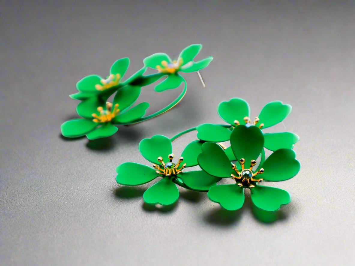 Le Réussi® Green Blooms Earrings – luxury green floral statement earrings for women, elegant fashion jewelry for special occasions.