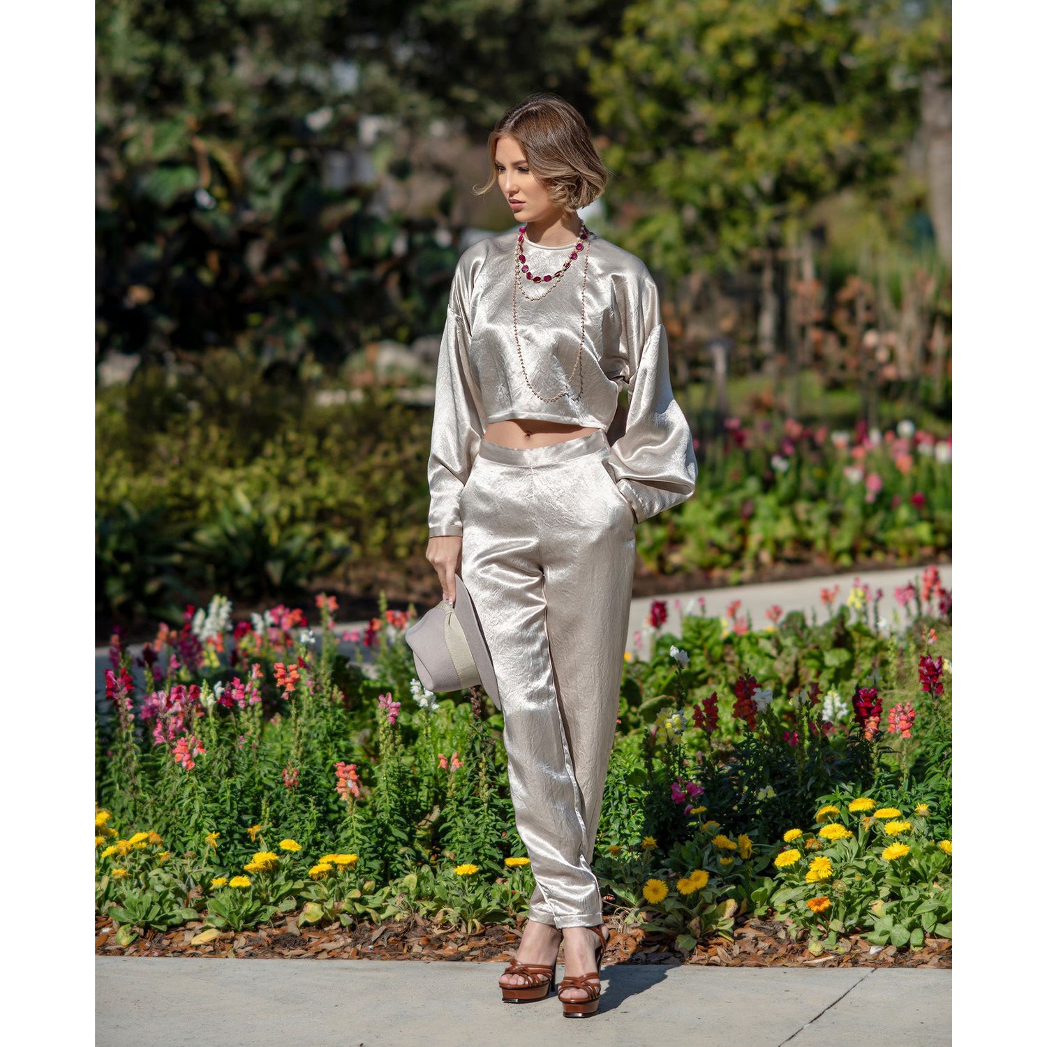 Le Réussi® Fashion -Sophie Beige Crop Top is made from Japanese silk, a luxury and sustainable fabric.