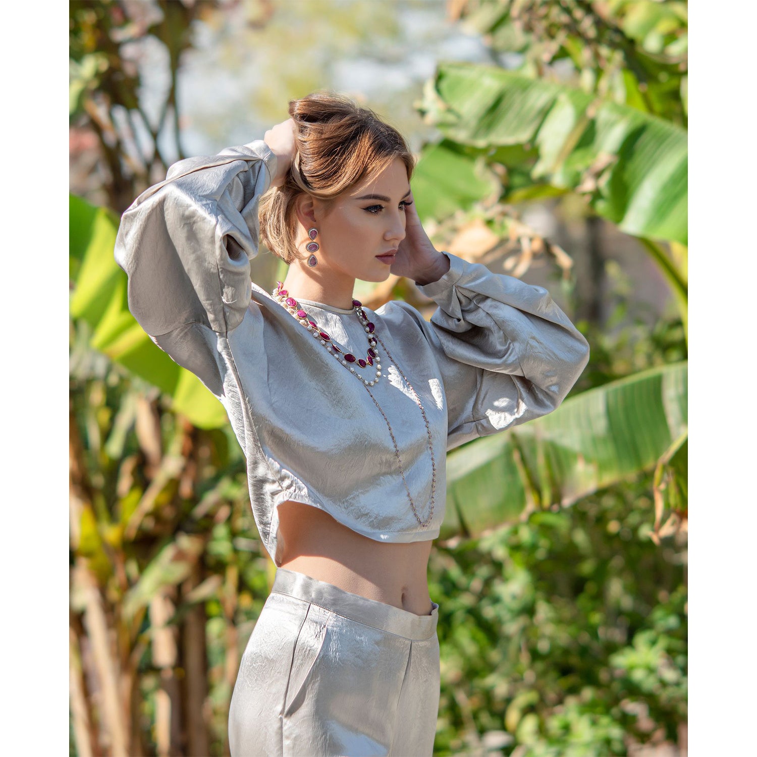 Le Réussi® Fashion -Sophie Beige Crop Top is made from Japanese silk, a luxury and sustainable fabric.