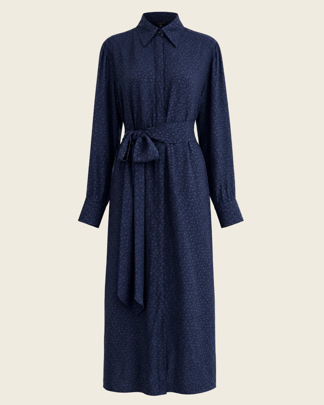 Long shirt dress, midnight navy micro-pattern, button collar, tie waist belt