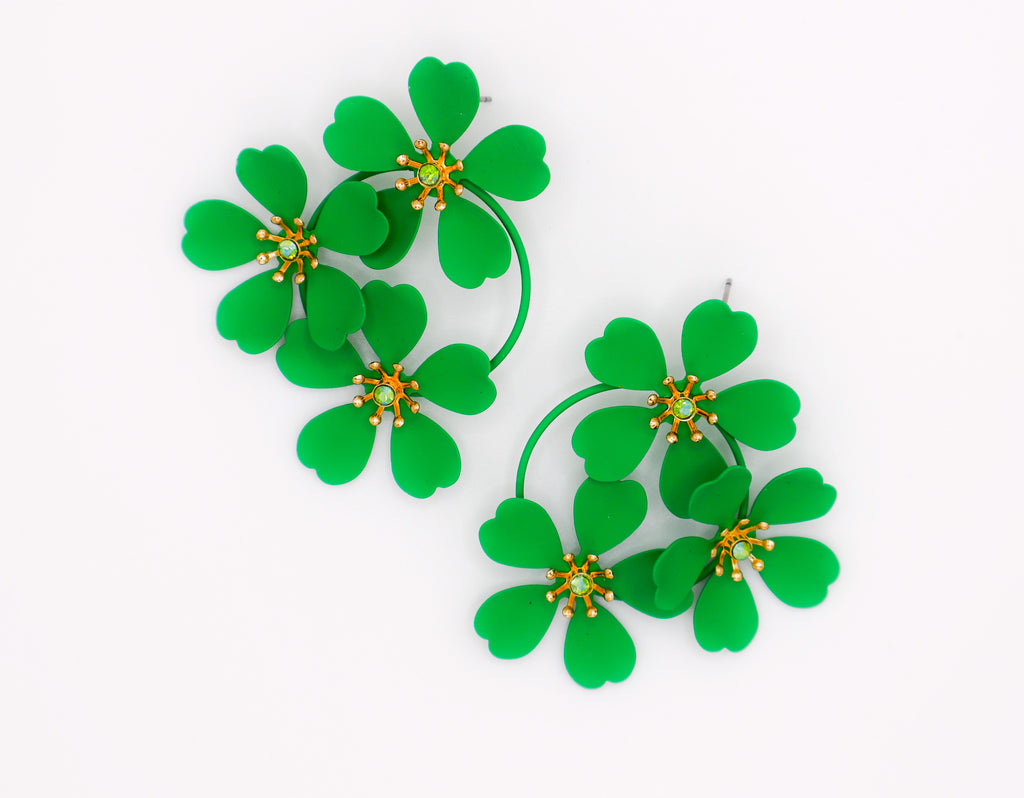 Le Réussi® Green Blooms Earrings – luxury green floral statement earrings for women, elegant fashion jewelry for special occasions.