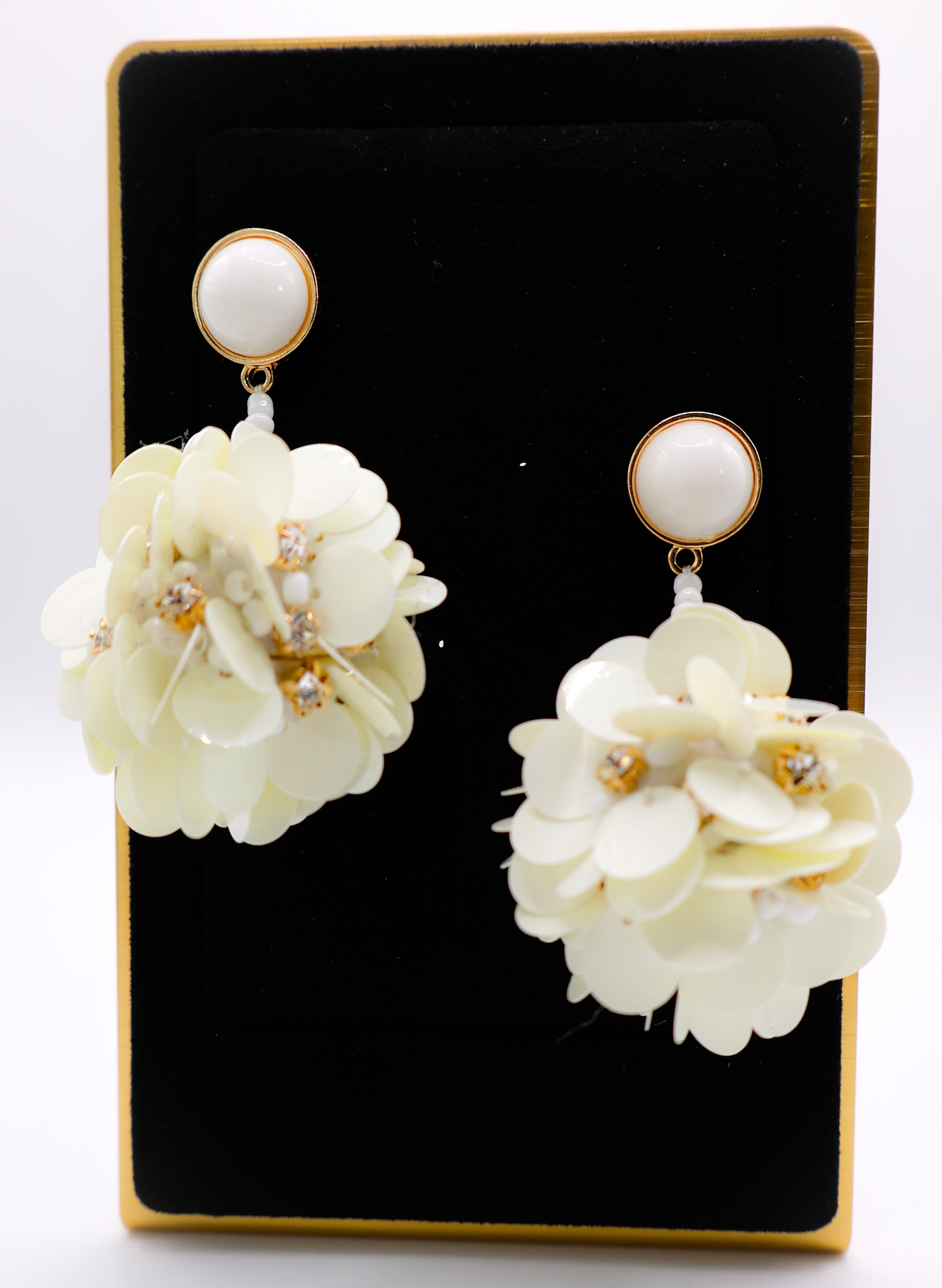 Le Réussi® Margaux Ball Earrings – luxury white floral ball statement earrings for women, elegant wedding and occasion jewelry.