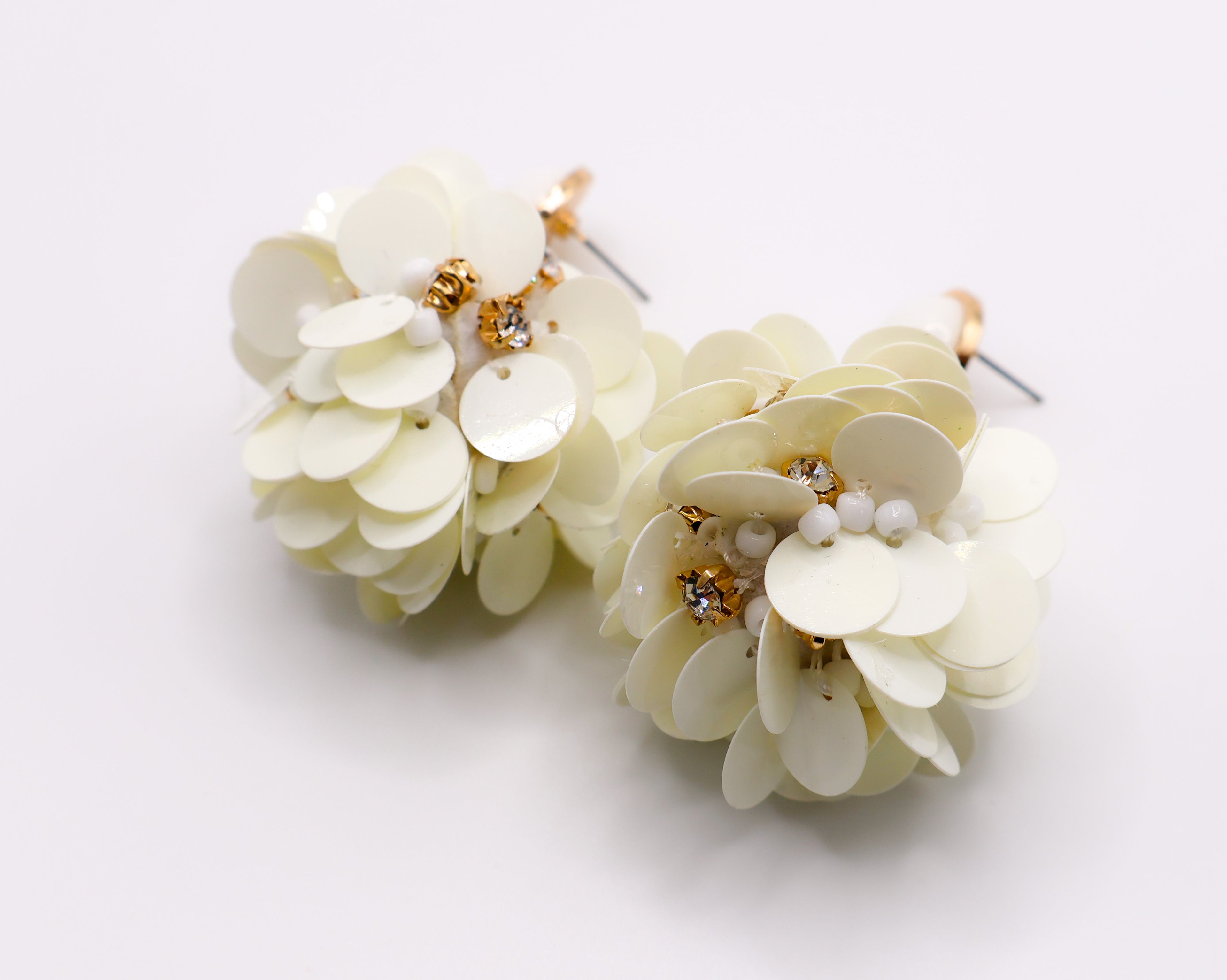 Le Réussi® Margaux Ball Earrings – luxury white floral ball statement earrings for women, elegant wedding and occasion jewelry.