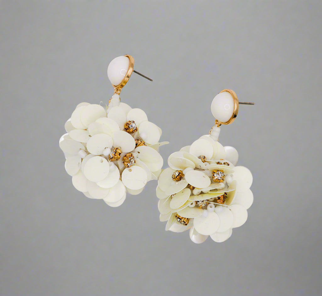 Le Réussi® Margaux Ball Earrings – luxury white floral ball statement earrings for women, elegant wedding and occasion jewelry.