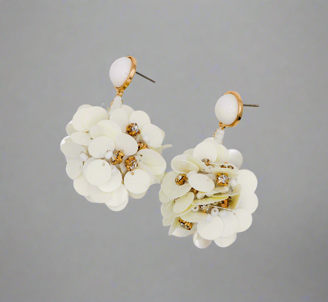 Le Réussi® Margaux Ball Earrings – luxury white floral ball statement earrings for women, elegant wedding and occasion jewelry.