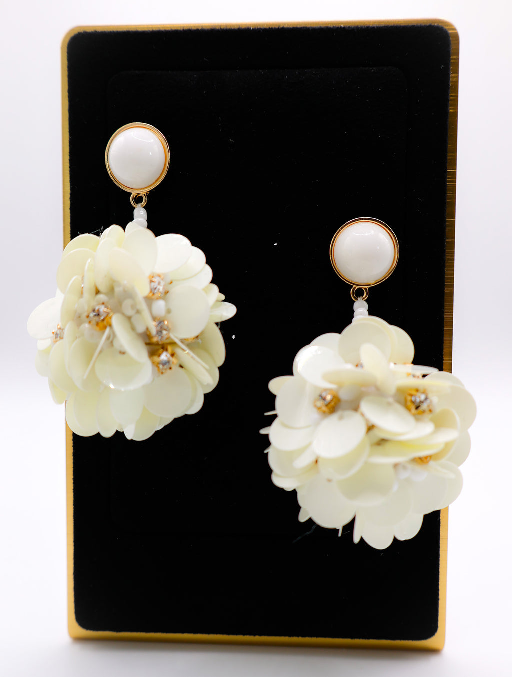 Le Réussi® Margaux Ball Earrings – luxury white floral ball statement earrings for women, elegant wedding and occasion jewelry.