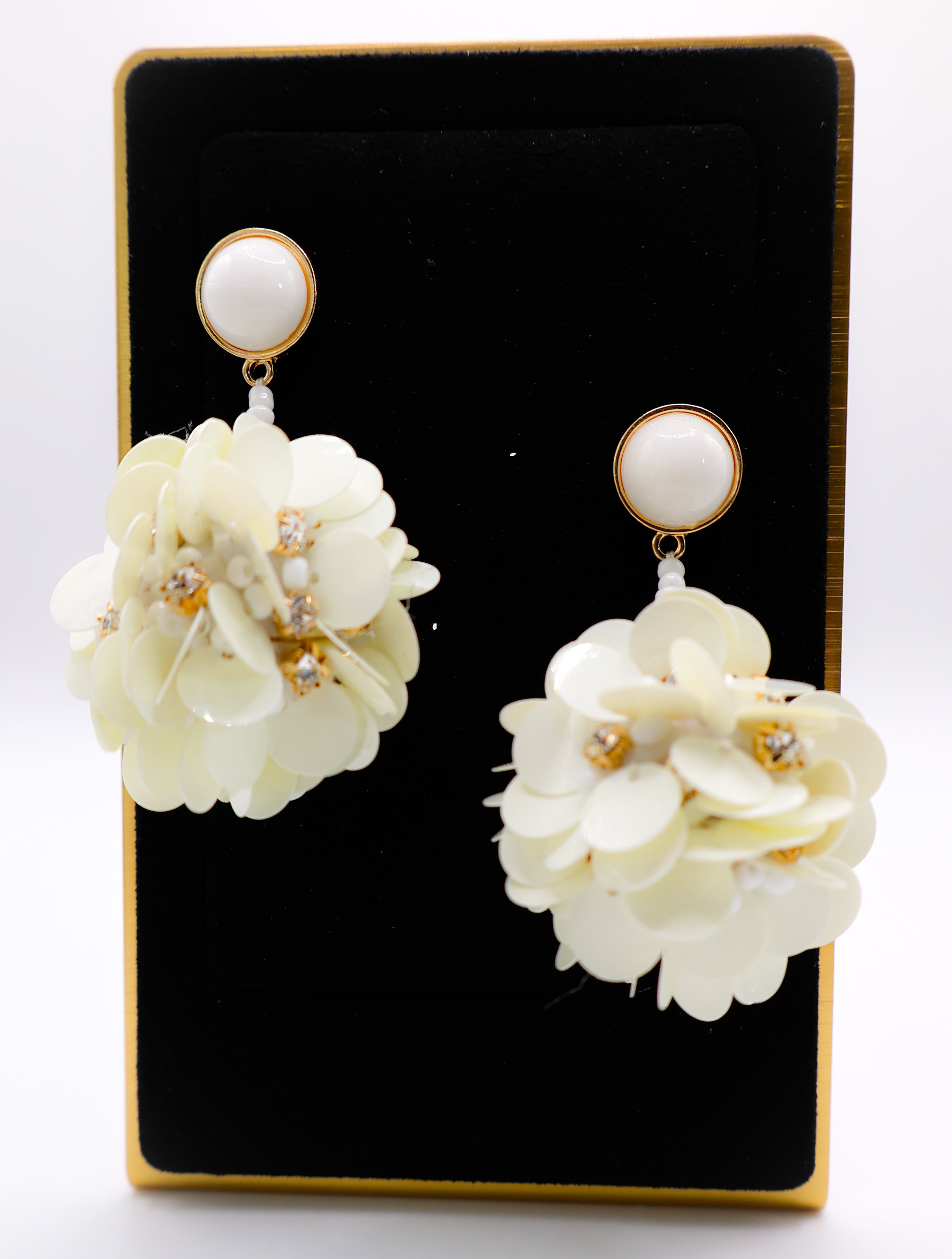 Le Réussi® Margaux Ball Earrings – luxury white floral ball statement earrings for women, elegant wedding and occasion jewelry.