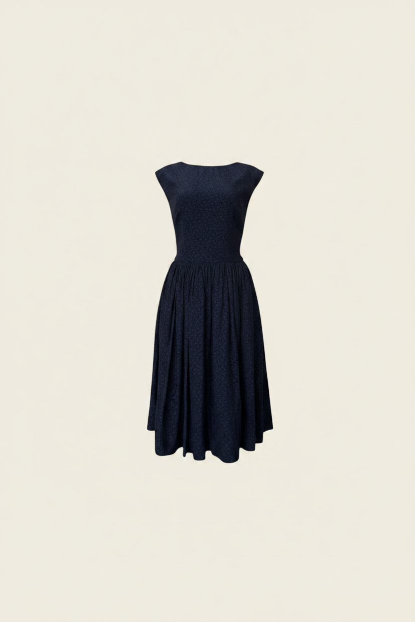 Navy sleeveless midi dress with round neckline and gathered A-line skirt