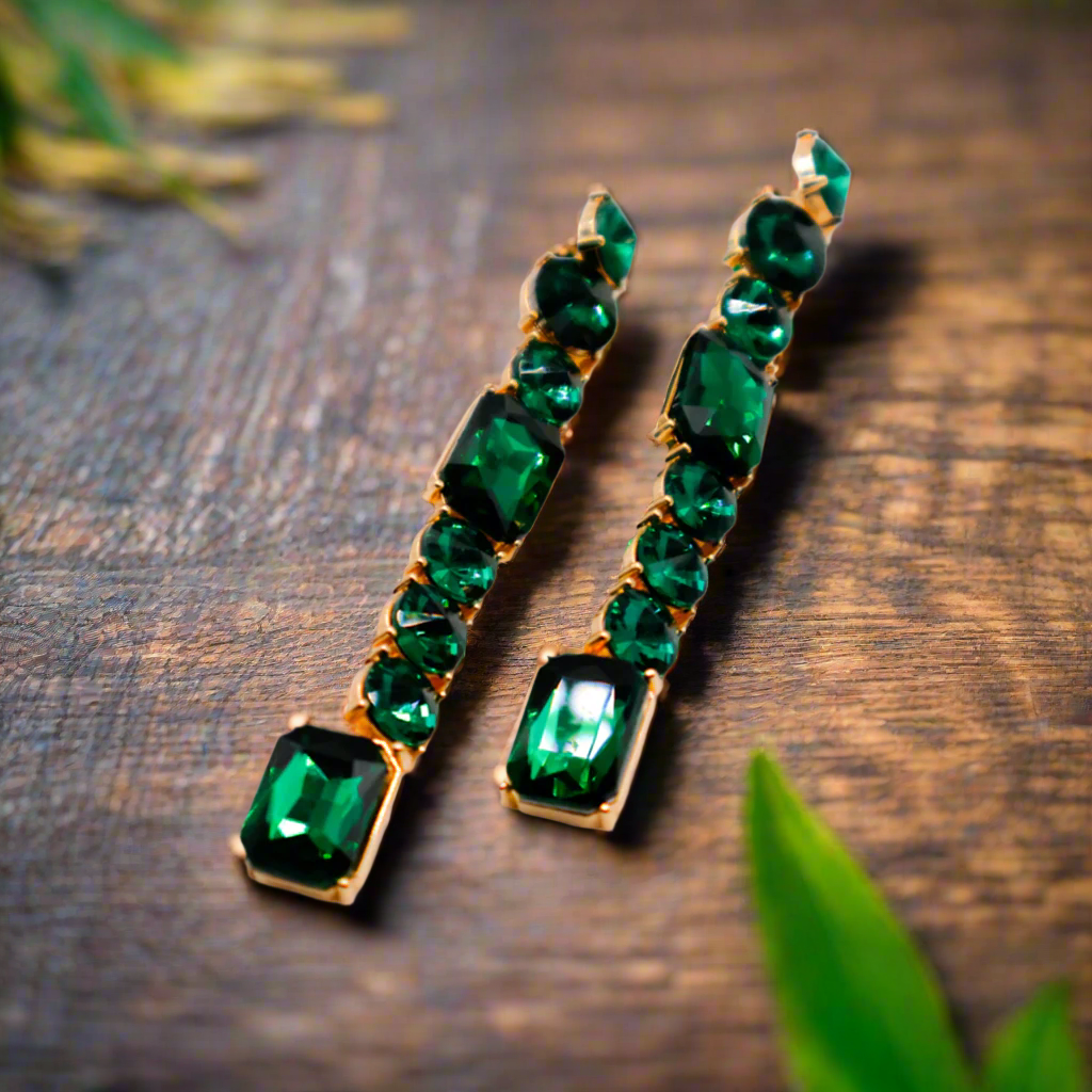 Le Réussi® Emerald Cascade Earrings – luxury green faux diamond statement earrings for women, elegant gemstone-inspired jewelry for special occasions.