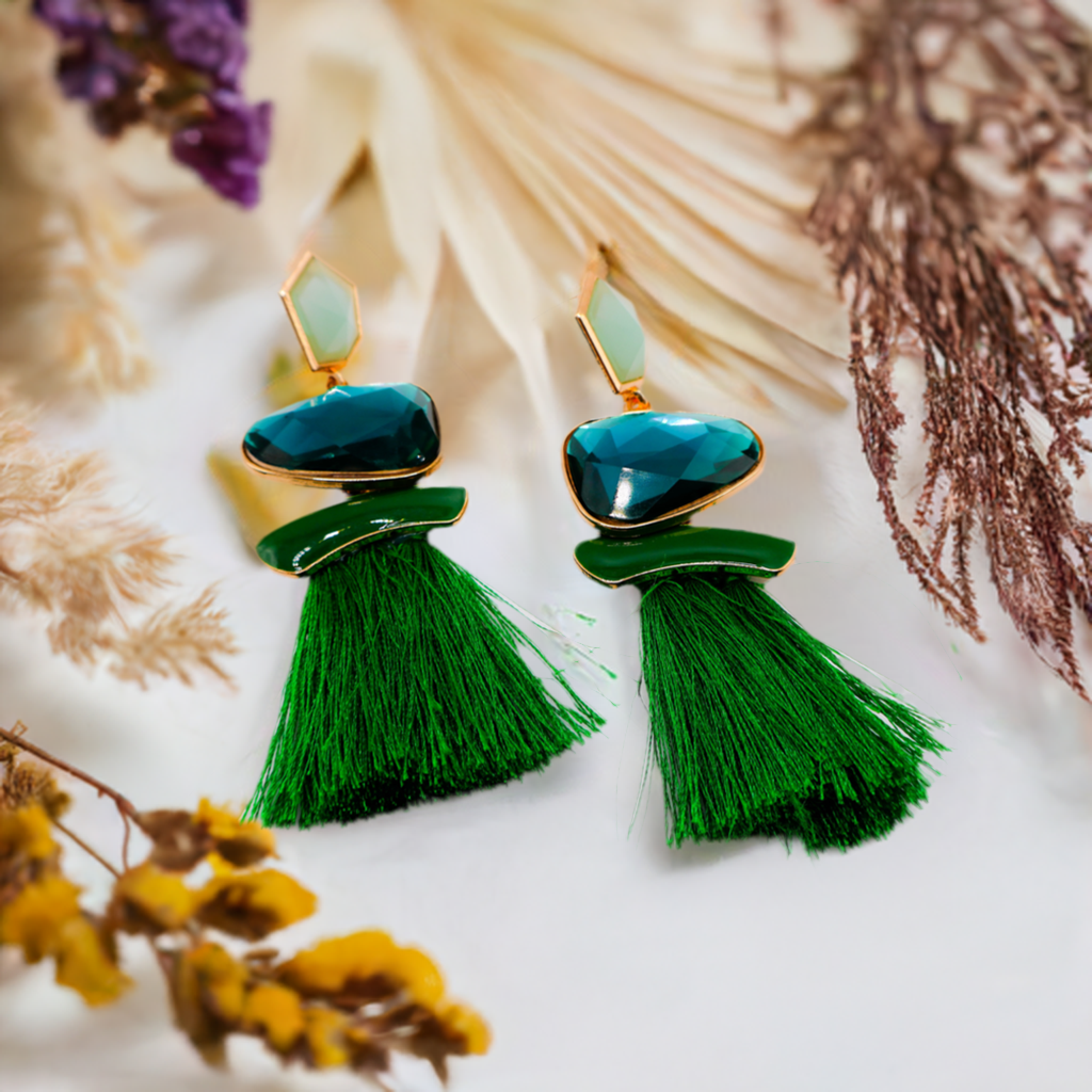 Le Réussi® elegant green faux diamond earrings with emerald-inspired gemstones and gold accents, luxury statement jewelry for women.