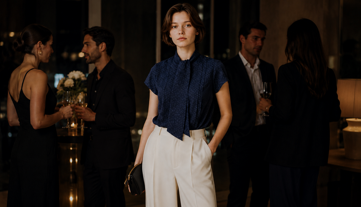 Quiet femininity, considered in navy.