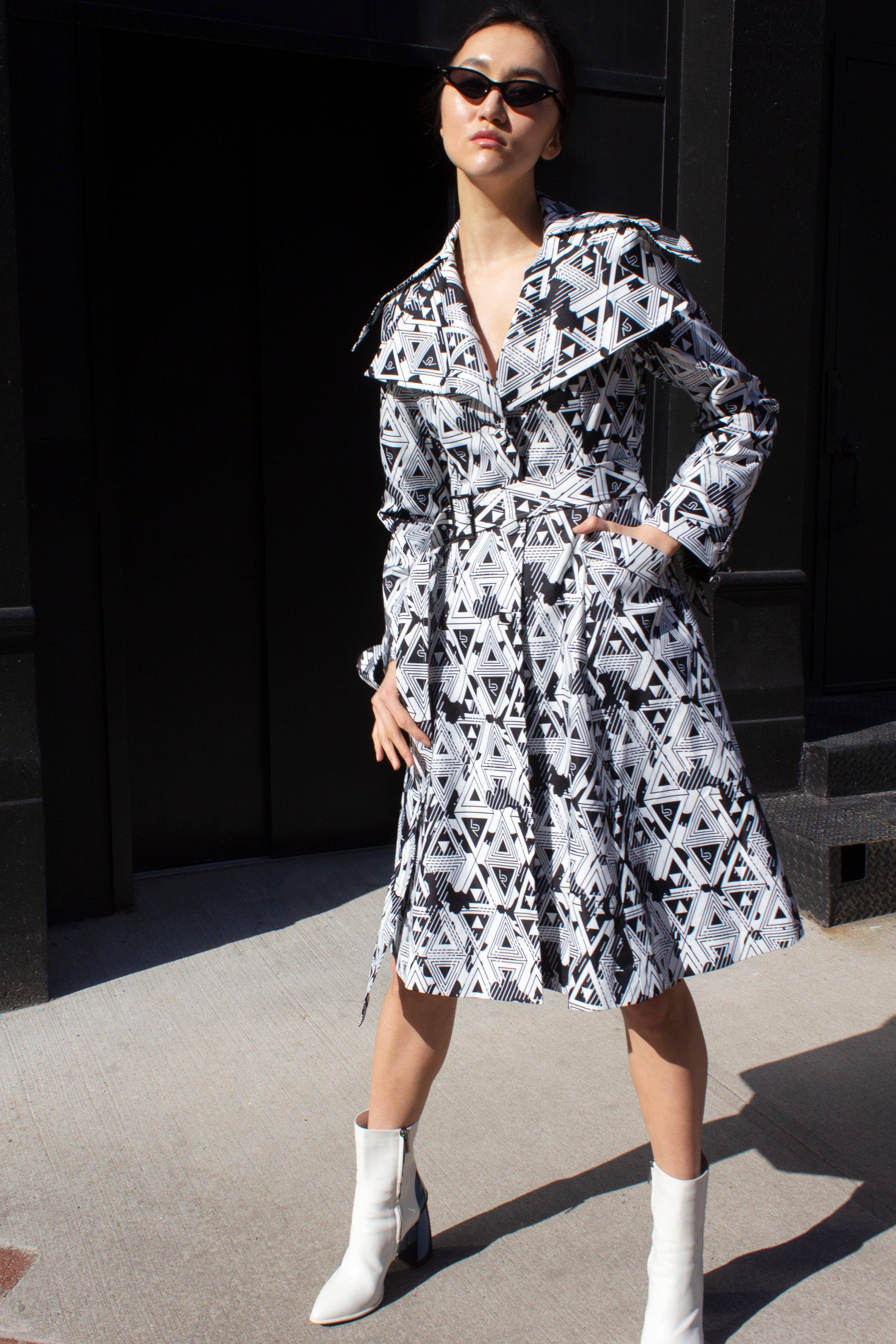 Le Réussi® Fashion - Amour Geometric Long Trench Coat an exquisite fusion of bold design and timeless sophistication, crafted for effortless luxury.