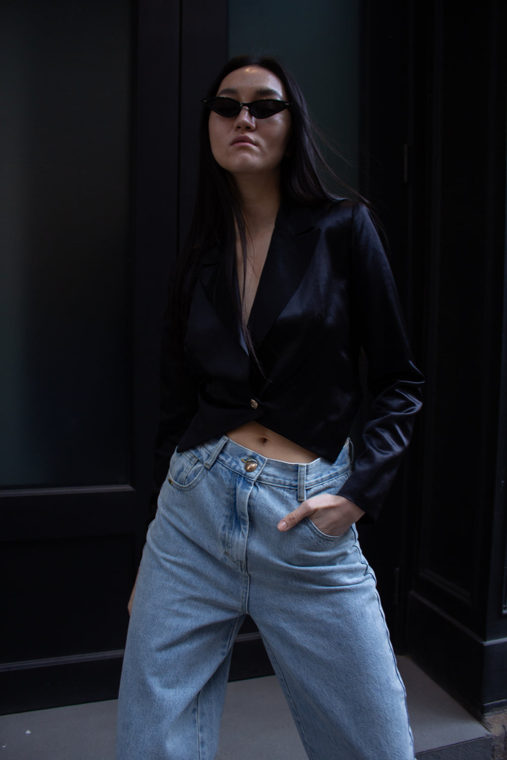 Le Reussi - Designer Black Silk Crop Top Blazer