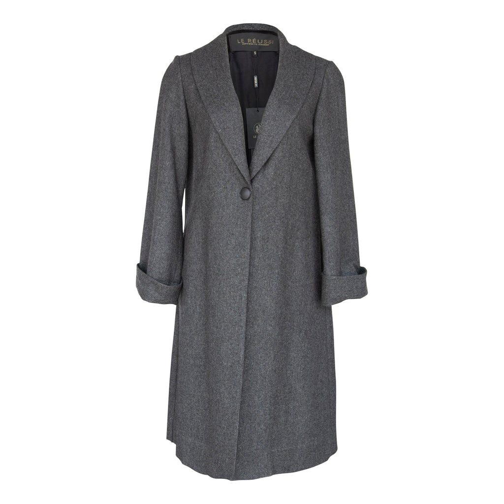 Le Réussi® Fashion - Luxurious Gray Worsted Flannel Long Trench Coat Timeless Elegance in Every Detail.