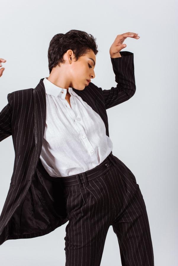 Le Réussi® Fashion - Black Pinstripes Suit Pants A Luxurious Take on Timeless Power Dressing.