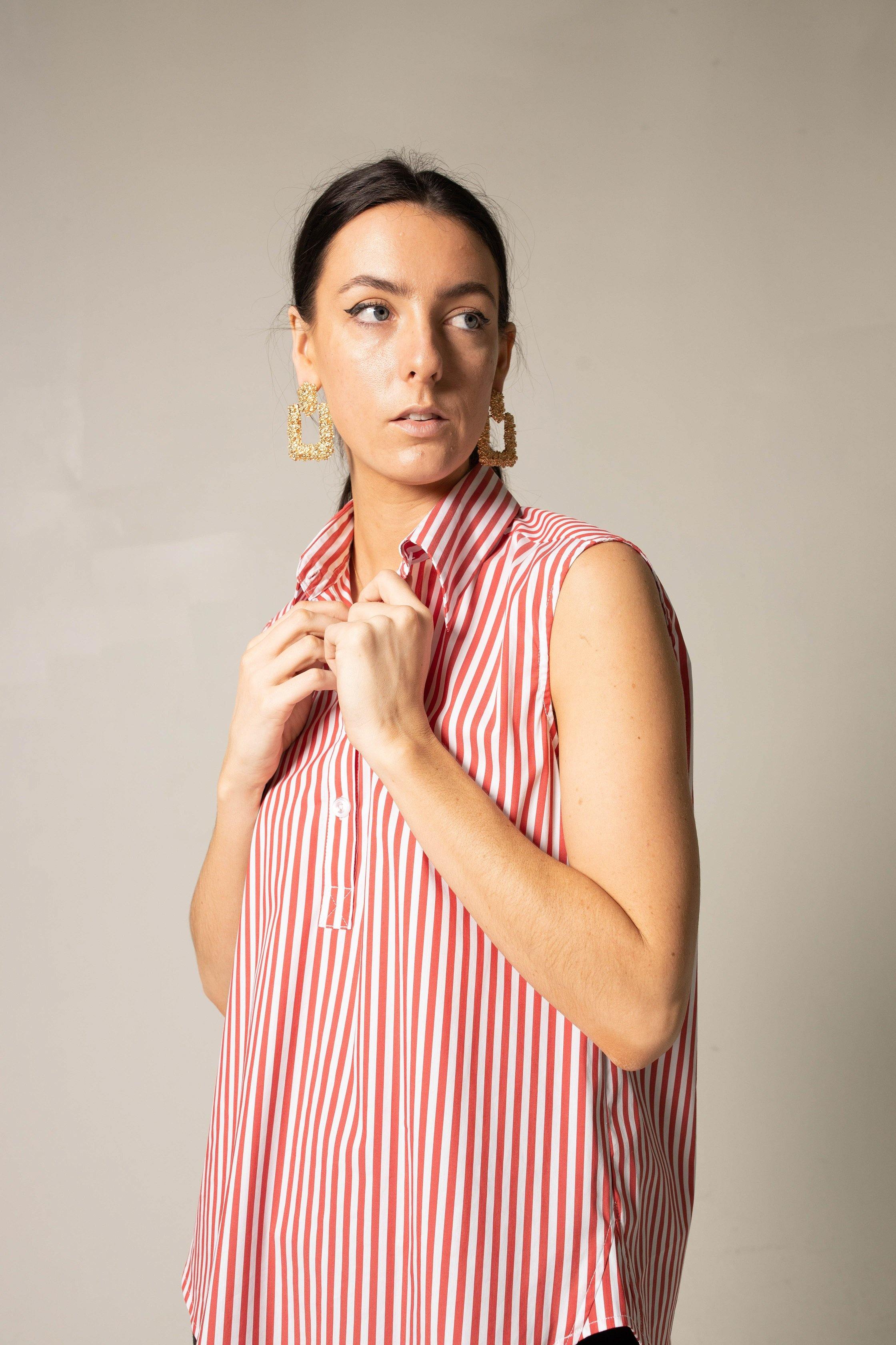 Le Réussi® - Italian Cotton Stripe Red Sleeveless Top luxury meets breezy elegance in every detail.