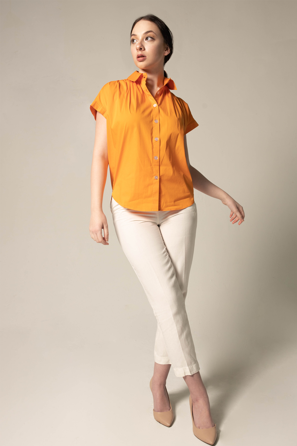 Le Réussi® Fashion - Women's Gather Collar Shirt in Orange bold luxury with effortless elegance.