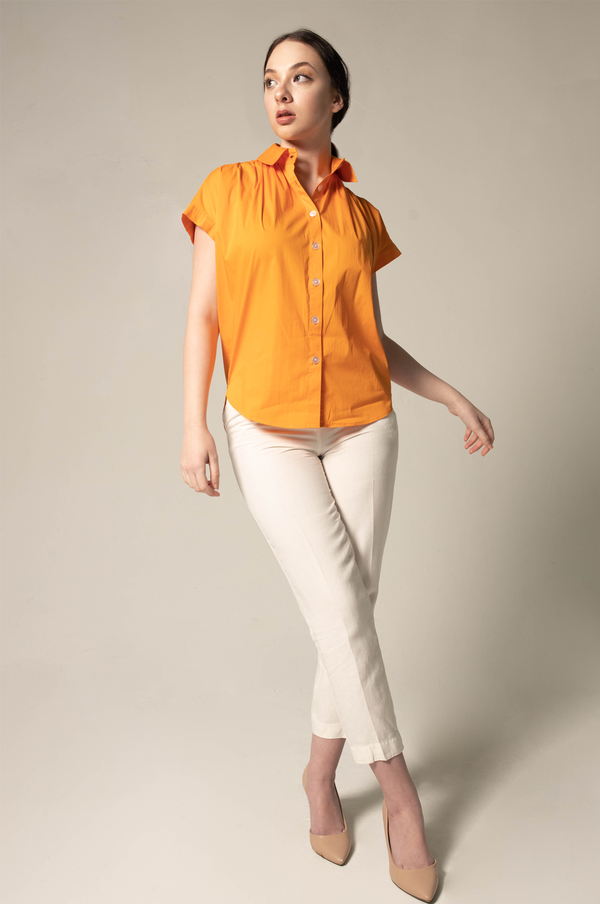 Le Réussi® Fashion - Women's Gather Collar Shirt in Orange bold luxury with effortless elegance.