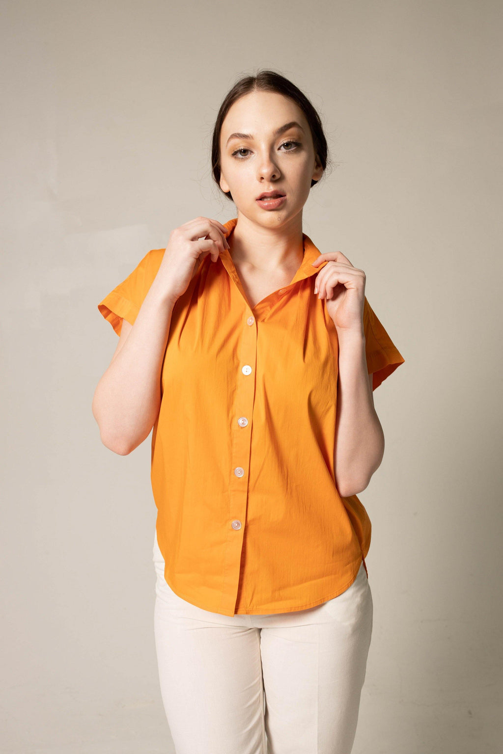 Le Réussi® Fashion - Women's Gather Collar Shirt in Orange bold luxury with effortless elegance.