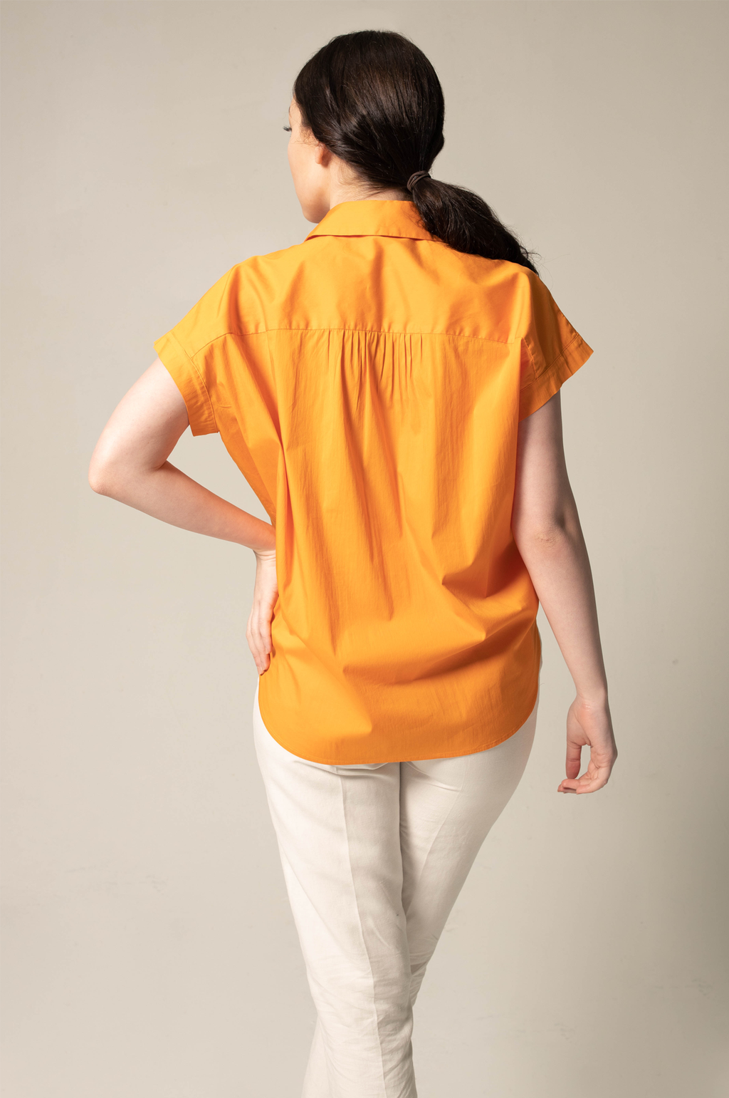 Le Réussi® Fashion - Women's Gather Collar Shirt in Orange bold luxury with effortless elegance.