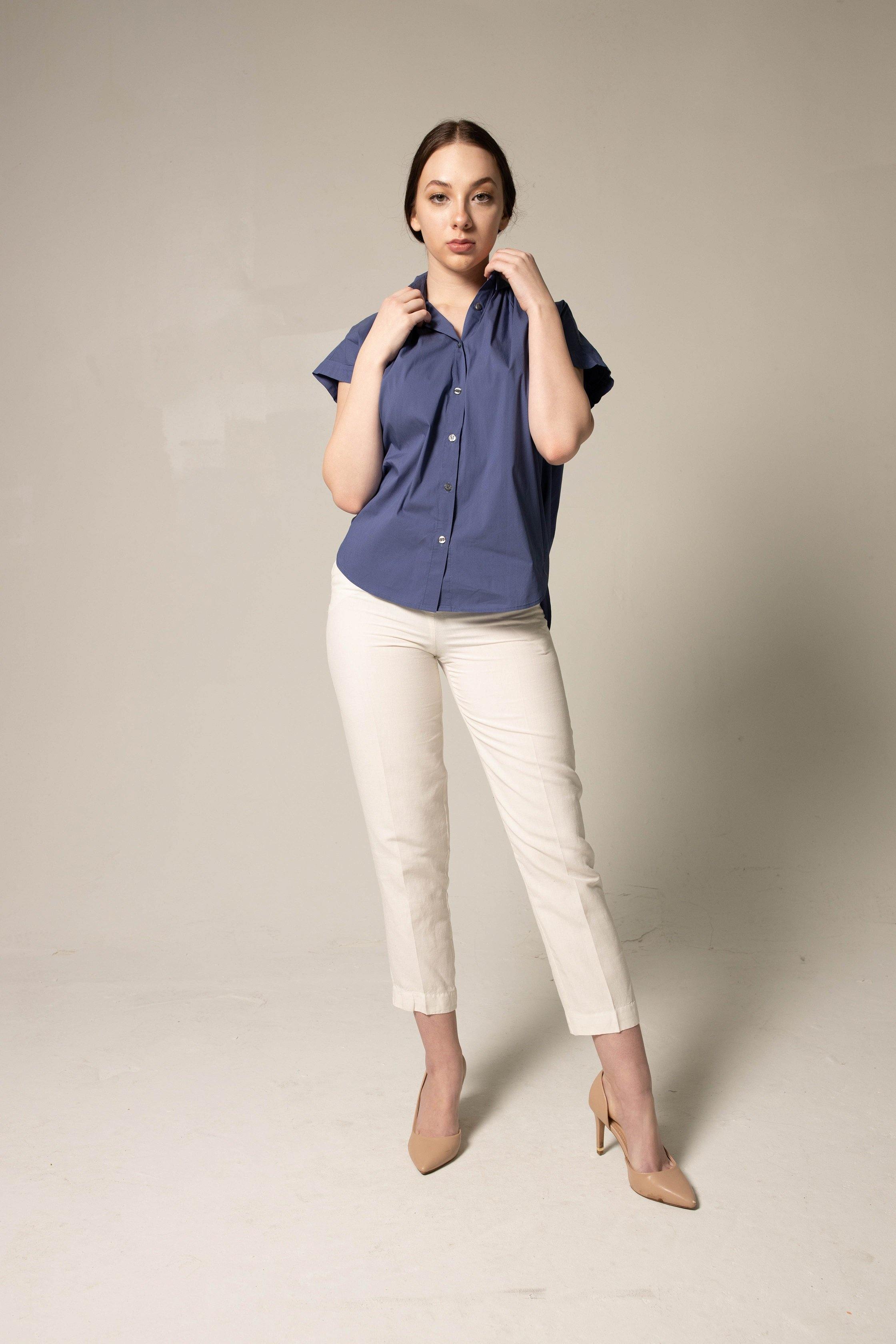 Le Réussi® Fashion - Luxury Women's Gather Collar Shirt in Navy Elegant, stylish, and perfect for refined sophistication.