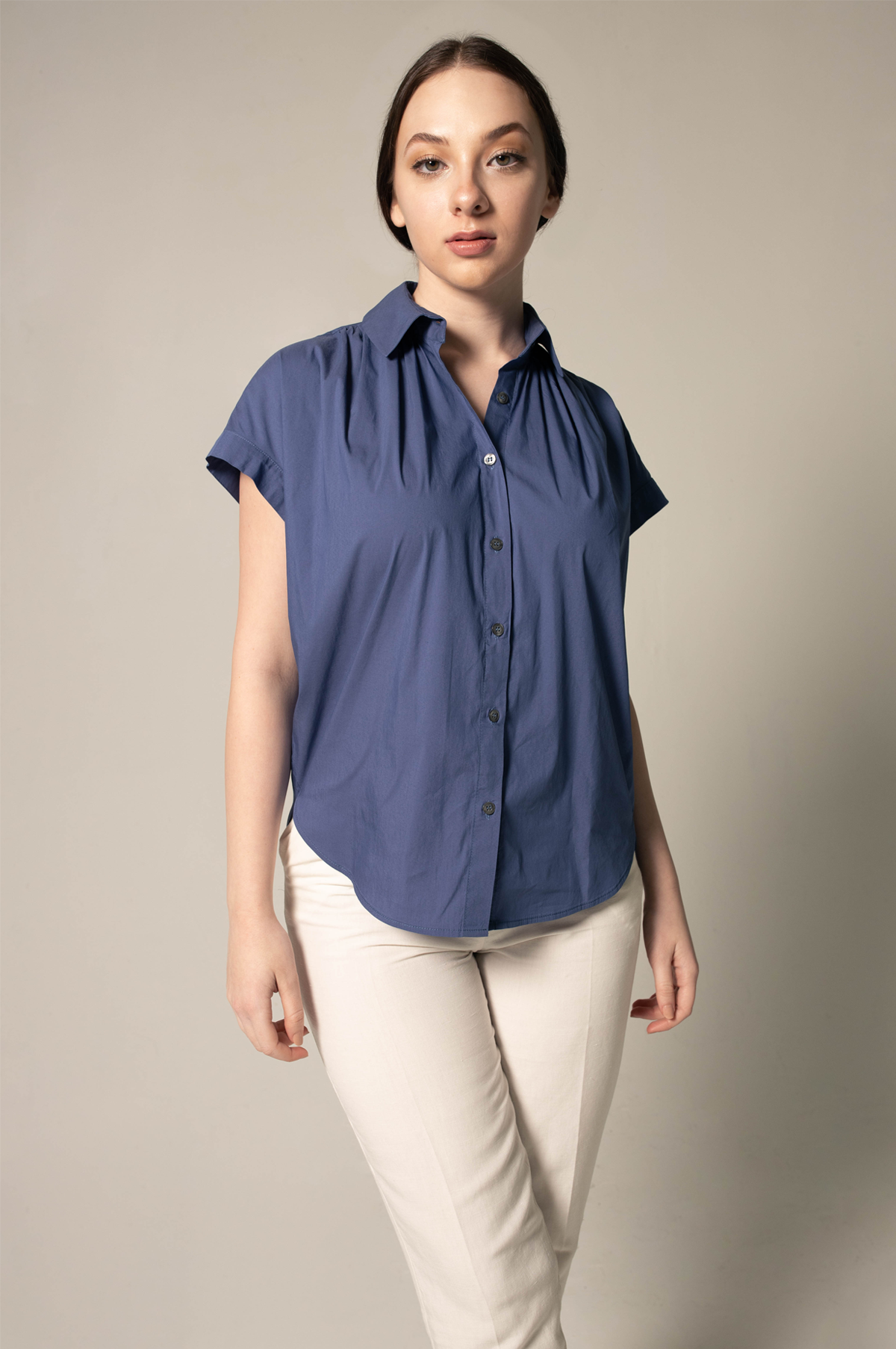 Le Réussi® Fashion - Luxury Women's Gather Collar Shirt in Navy Elegant, stylish, and perfect for refined sophistication.