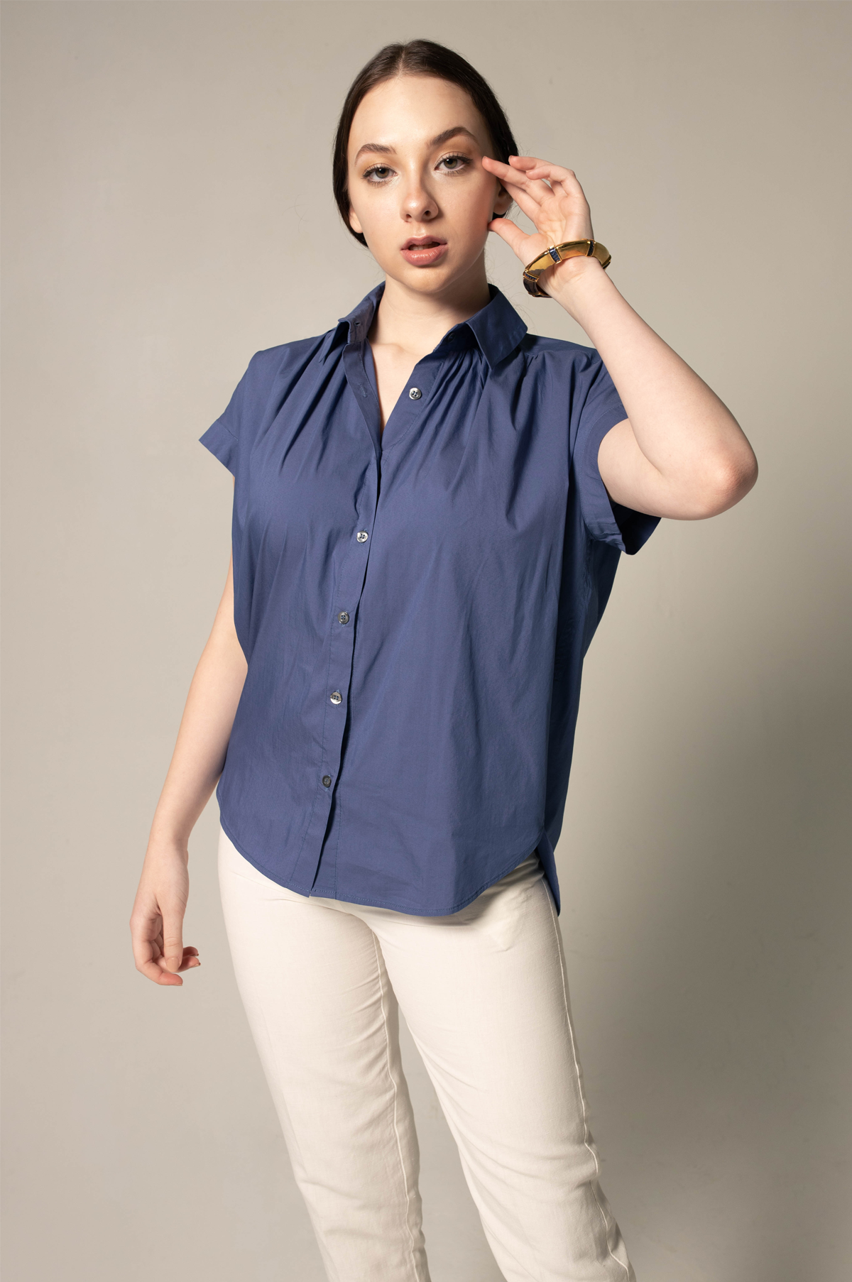 Le Réussi® Fashion - Luxury Women's Gather Collar Shirt in Navy Elegant, stylish, and perfect for refined sophistication.
