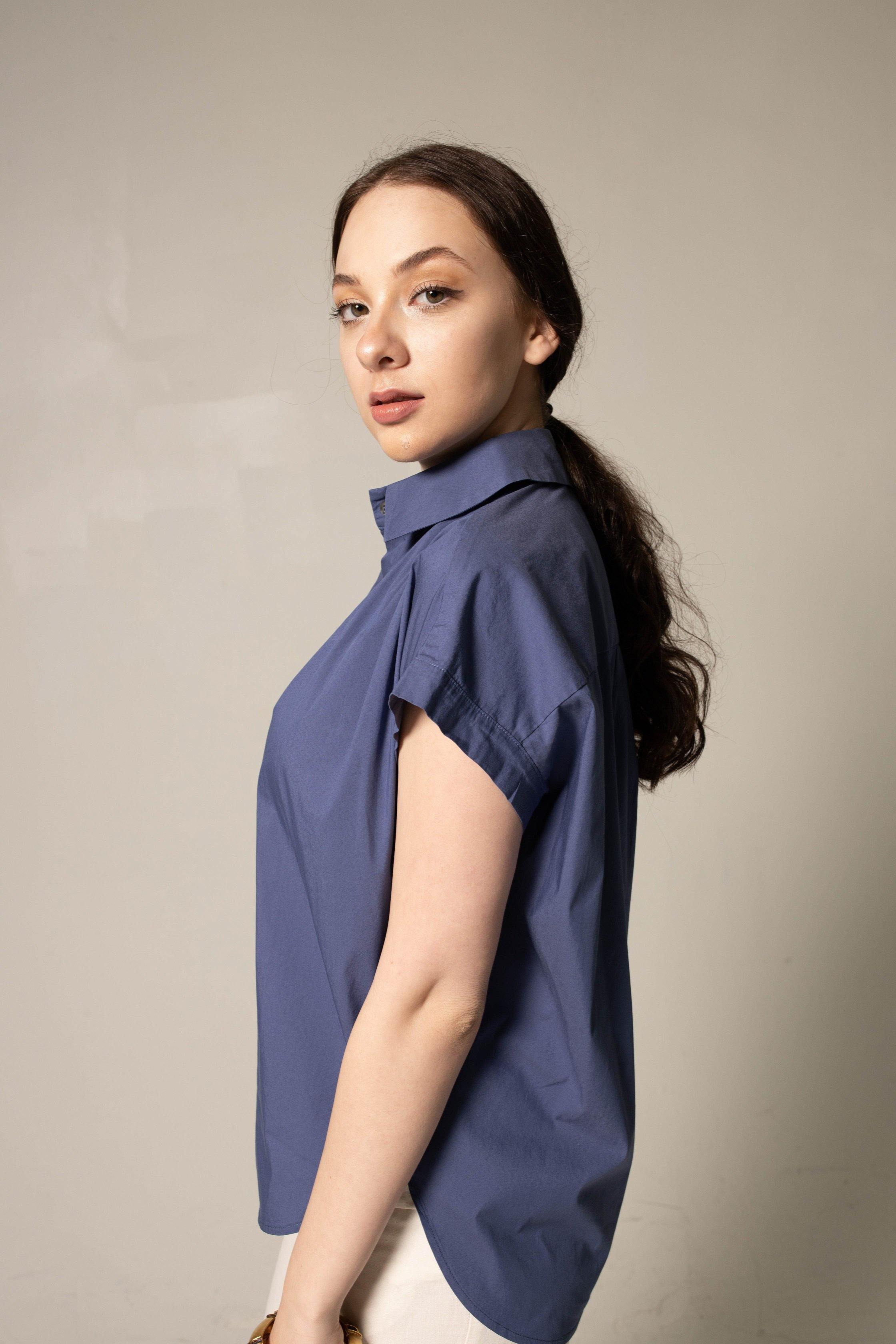 Le Réussi® Fashion - Luxury Women's Gather Collar Shirt in Navy Elegant, stylish, and perfect for refined sophistication.