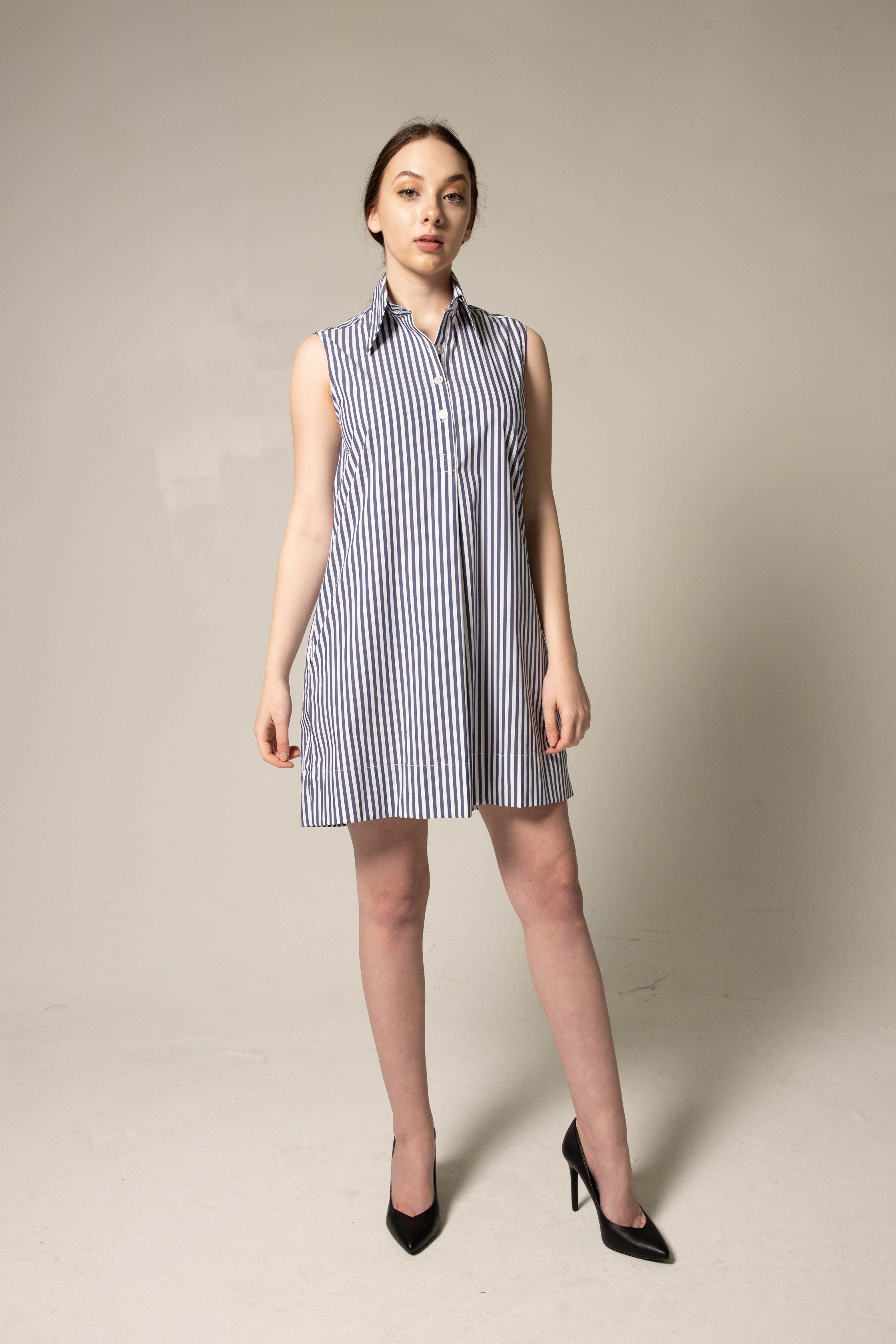 Le Réussi® Italian Cotton Blue Stripe Sleeveless Dress A Luxurious Blend of Freshness and Elegance.