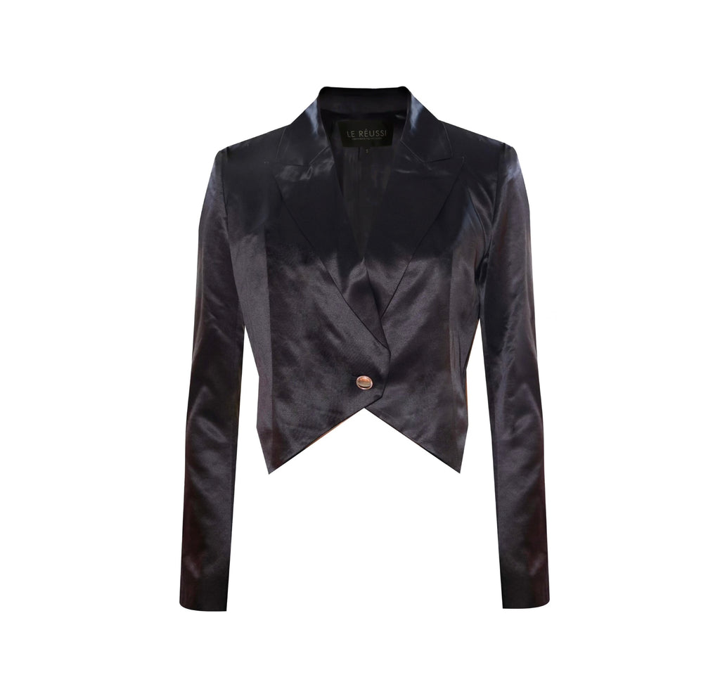 Le Reussi Fashion -  Elegant Designer Black Silk Crop Top Blazer A Luxurious Statement of Sophistication and Style.