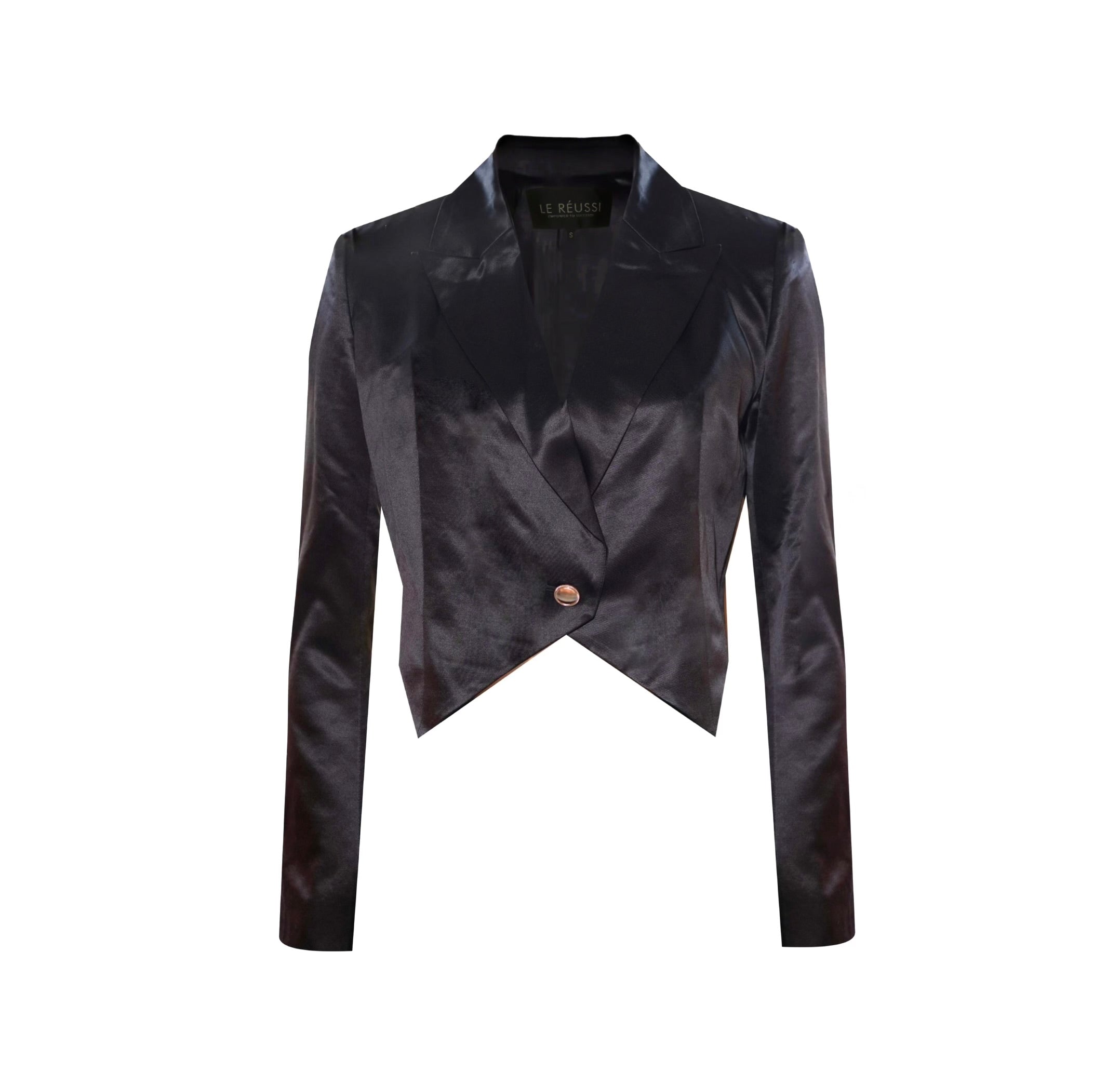 Le Reussi Fashion -  Elegant Designer Black Silk Crop Top Blazer A Luxurious Statement of Sophistication and Style.